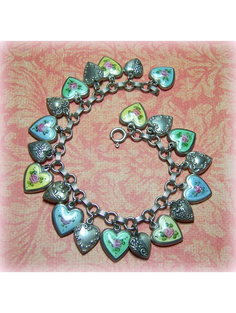 Vintage Sterling Guilloche Heart Charm Bracelet - 21 Charms